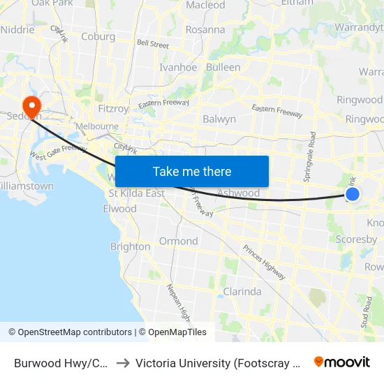 Burwood Hwy/Cathies Lane to Victoria University (Footscray Nicholson Campus) map