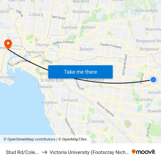 Stud Rd/Coleman Rd to Victoria University (Footscray Nicholson Campus) map