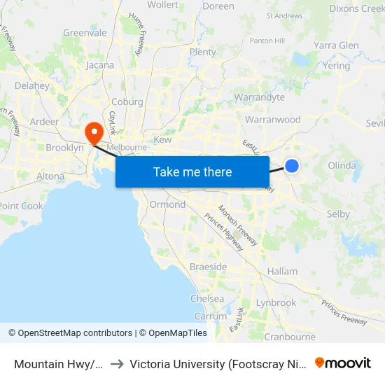 Mountain Hwy/Dorset Rd to Victoria University (Footscray Nicholson Campus) map