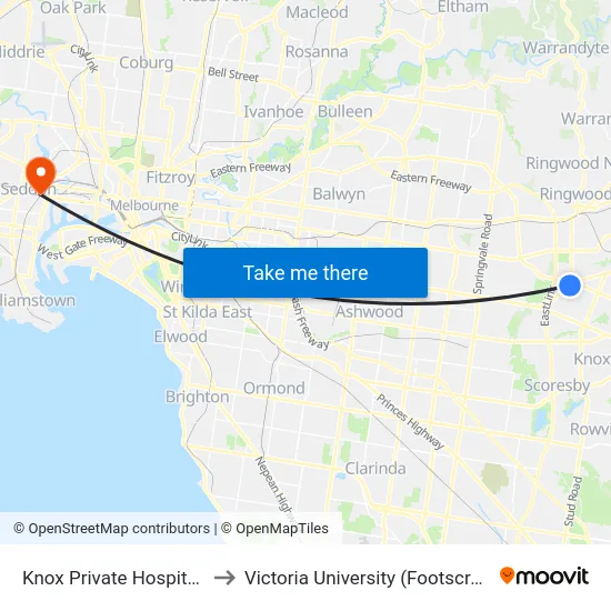 Knox Private Hospital/Mountain Hwy to Victoria University (Footscray Nicholson Campus) map