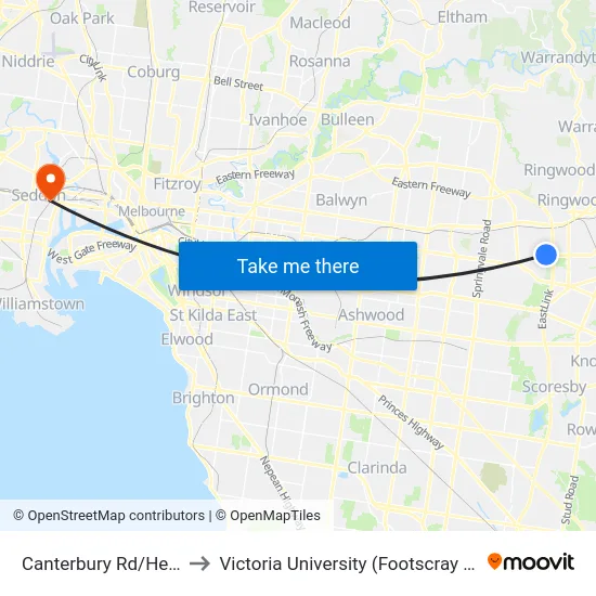 Canterbury Rd/Heatherdale Rd to Victoria University (Footscray Nicholson Campus) map