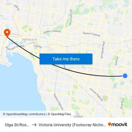 Olga St/Rosehill St to Victoria University (Footscray Nicholson Campus) map