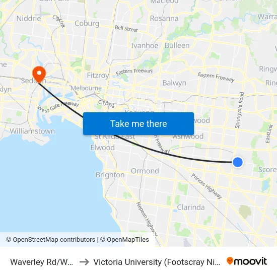Waverley Rd/Watsons Rd to Victoria University (Footscray Nicholson Campus) map