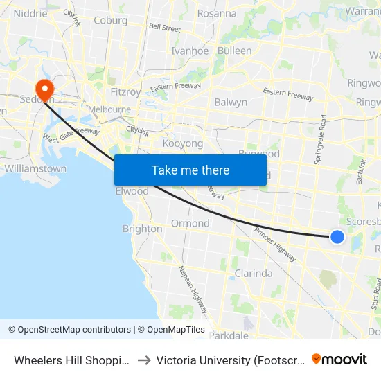 Wheelers Hill Shopping Centre/Jells Rd to Victoria University (Footscray Nicholson Campus) map