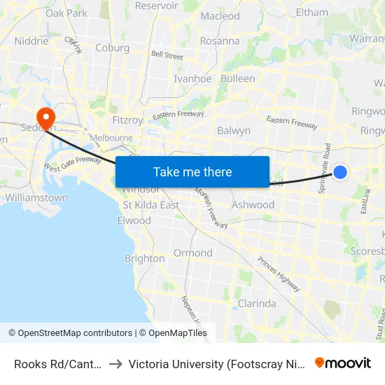 Rooks Rd/Canterbury Rd to Victoria University (Footscray Nicholson Campus) map