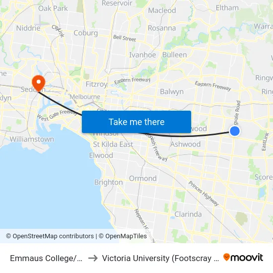Emmaus College/Springvale Rd to Victoria University (Footscray Nicholson Campus) map