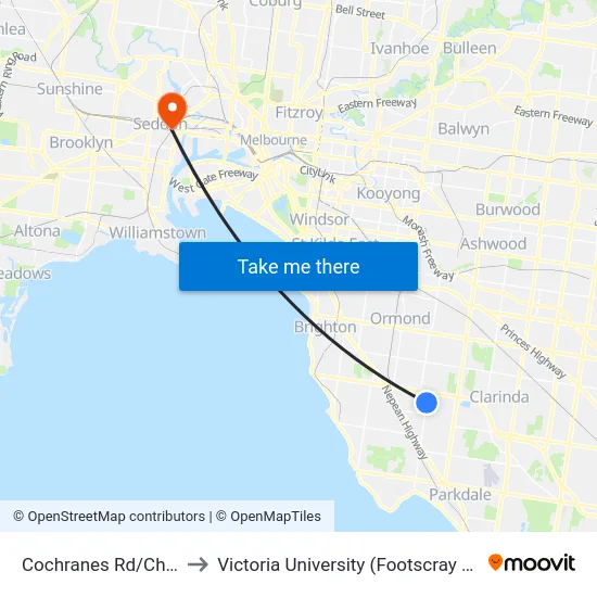 Cochranes Rd/Chesterville Rd to Victoria University (Footscray Nicholson Campus) map