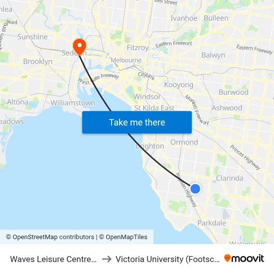 Waves Leisure Centre/148 Chesterville Rd to Victoria University (Footscray Nicholson Campus) map