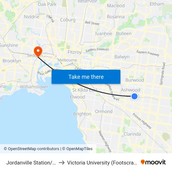 Jordanville Station/Huntingdale Rd to Victoria University (Footscray Nicholson Campus) map