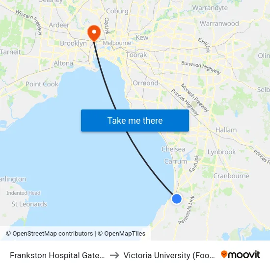 Frankston Hospital Gate 1/Hastings Rd to Victoria University (Footscray Nicholson Campus) map