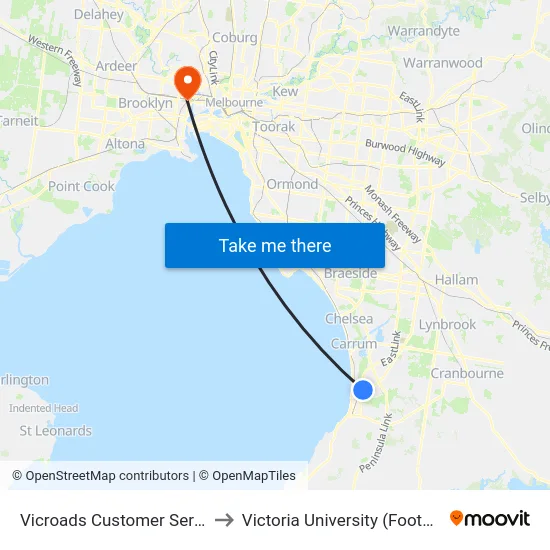 Vicroads Customer Service Center/Hartnett Dr to Victoria University (Footscray Nicholson Campus) map