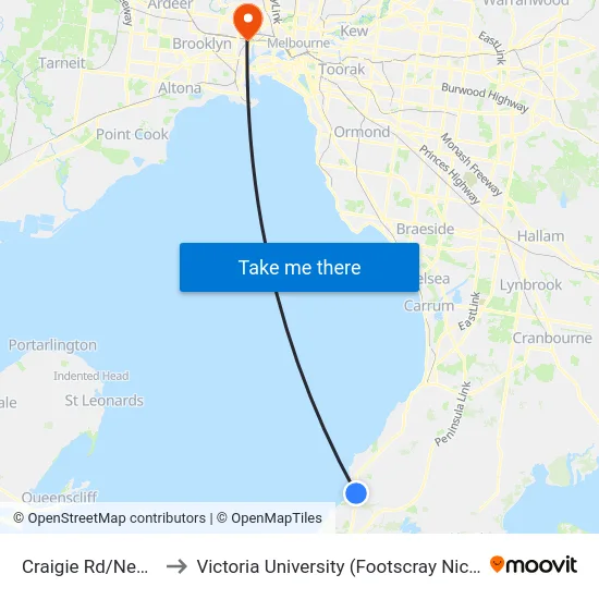 Craigie Rd/Nepean Hwy to Victoria University (Footscray Nicholson Campus) map