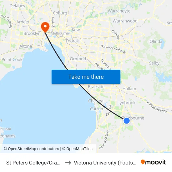 St Peters College/Cranbourne-Frankston Rd to Victoria University (Footscray Nicholson Campus) map