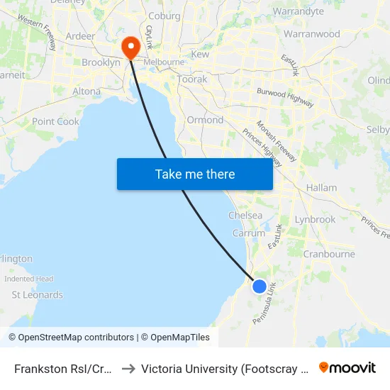 Frankston Rsl/Cranbourne Rd to Victoria University (Footscray Nicholson Campus) map