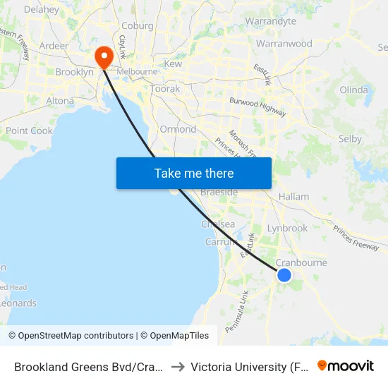 Brookland Greens Bvd/Cranbourne-Frankston Rd to Victoria University (Footscray Nicholson Campus) map