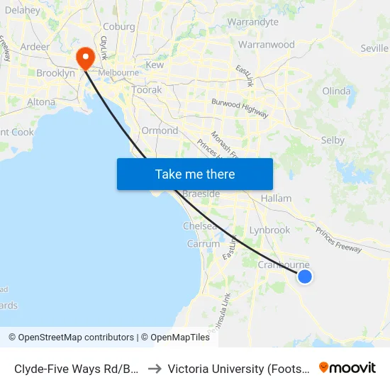 Clyde-Five Ways Rd/Berwick-Cranbourne Rd to Victoria University (Footscray Nicholson Campus) map
