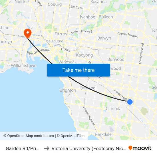 Garden Rd/Princes Hwy to Victoria University (Footscray Nicholson Campus) map