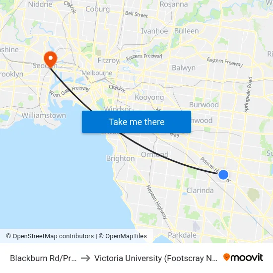 Blackburn Rd/Princes Hwy to Victoria University (Footscray Nicholson Campus) map
