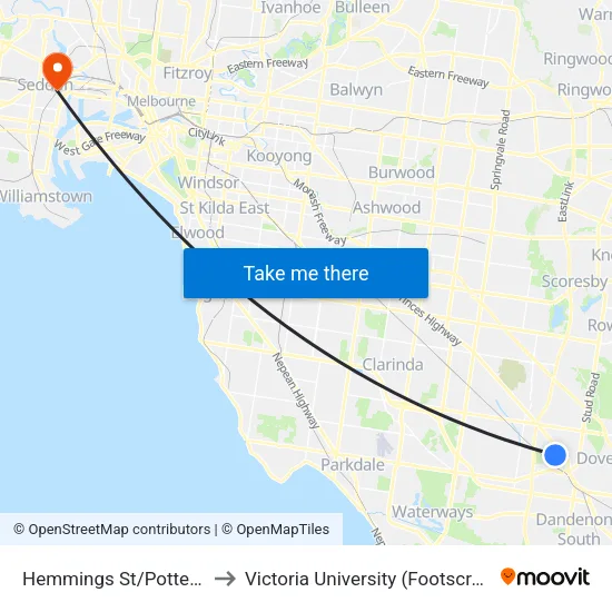 Hemmings St/Potter St to Victoria University (Footscray Nicholson Campus) map