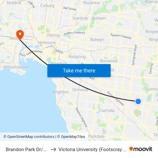Brandon Park Dr/Wellington Rd to Victoria University (Footscray Nicholson Campus) map