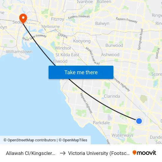 Allawah Cl/Kingsclere Ave to Victoria University (Footscray Nicholson Campus) map
