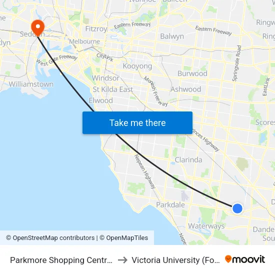 Parkmore Shopping Centre/Kingsclere Ave to Victoria University (Footscray Nicholson Campus) map