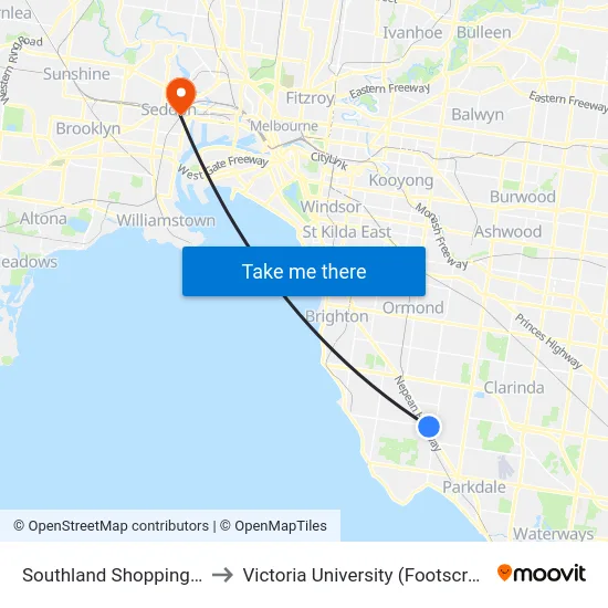 Southland Shopping Centre/Karen St to Victoria University (Footscray Nicholson Campus) map