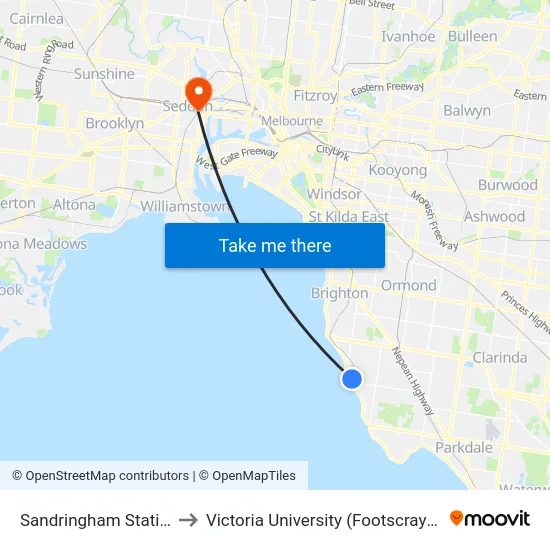 Sandringham Station/Station St to Victoria University (Footscray Nicholson Campus) map