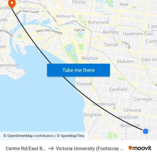 Centre Rd/East Boundary Rd to Victoria University (Footscray Nicholson Campus) map