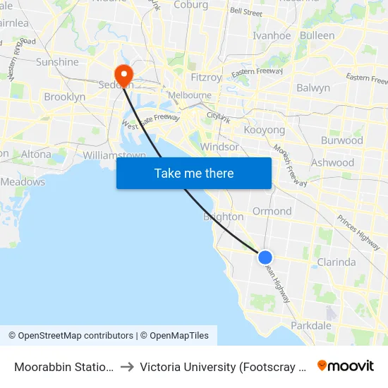 Moorabbin Station/Station St to Victoria University (Footscray Nicholson Campus) map