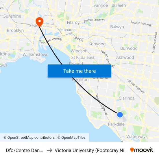 Dfo/Centre Dandenong Rd to Victoria University (Footscray Nicholson Campus) map