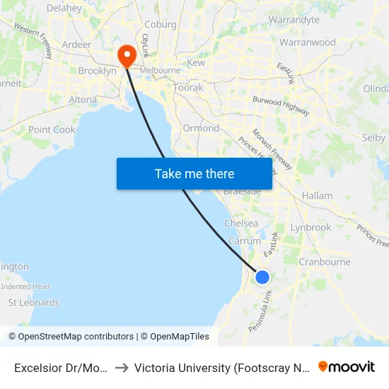 Excelsior Dr/Monterey Bvd to Victoria University (Footscray Nicholson Campus) map