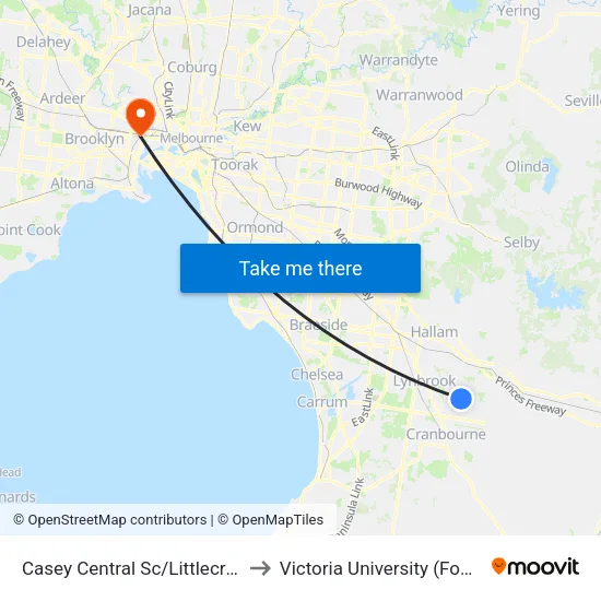 Casey Central Sc/Littlecroft Ave to Victoria University (Footscray Nicholson Campus) map