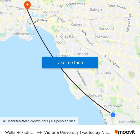 Wells Rd/Edithvale Rd to Victoria University (Footscray Nicholson Campus) map