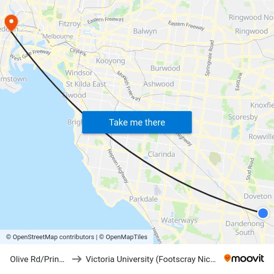 Olive Rd/Princes Hwy to Victoria University (Footscray Nicholson Campus) map