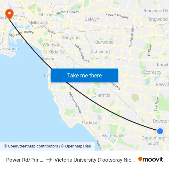 Power Rd/Princes Hwy to Victoria University (Footscray Nicholson Campus) map