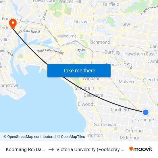 Koornang Rd/Dandenong Rd to Victoria University (Footscray Nicholson Campus) map
