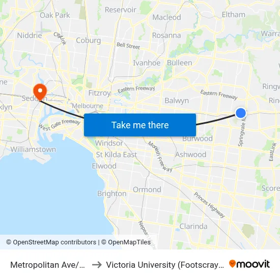 Metropolitan Ave/Whitehorse Rd to Victoria University (Footscray Nicholson Campus) map
