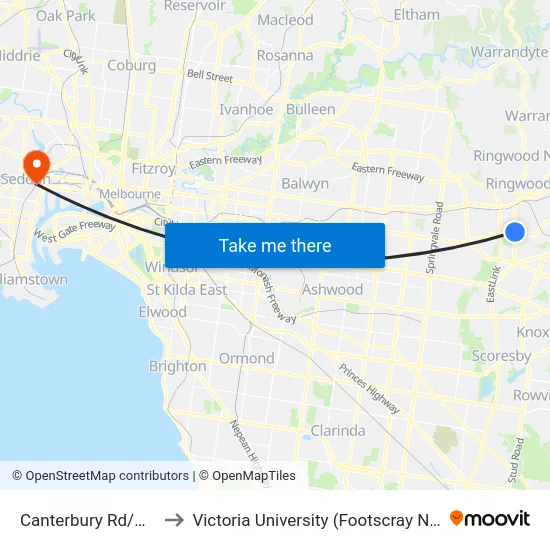 Canterbury Rd/Wantirna Rd to Victoria University (Footscray Nicholson Campus) map