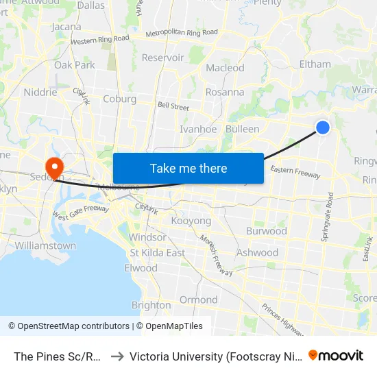 The Pines Sc/Reynolds Rd to Victoria University (Footscray Nicholson Campus) map