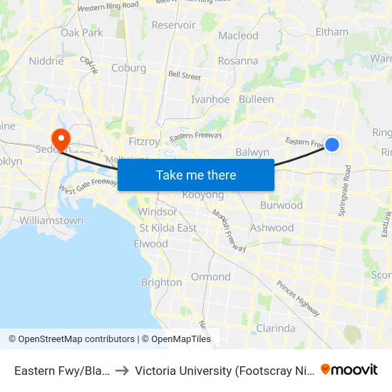 Eastern Fwy/Blackburn Rd to Victoria University (Footscray Nicholson Campus) map