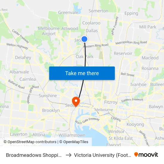 Broadmeadows Shopping Centre/Tanderrum Way to Victoria University (Footscray Nicholson Campus) map