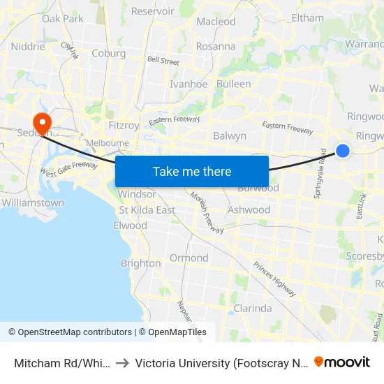 Mitcham Rd/Whitehorse Rd to Victoria University (Footscray Nicholson Campus) map