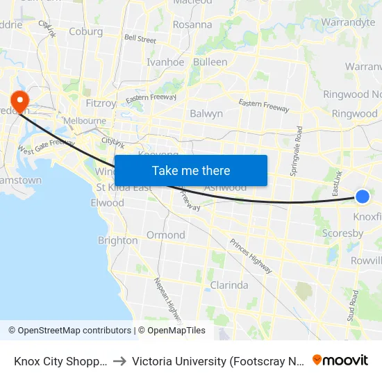Knox City Shopping Centre to Victoria University (Footscray Nicholson Campus) map