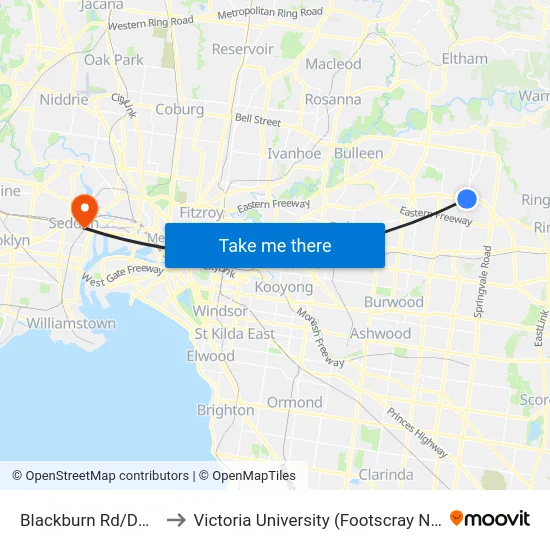 Blackburn Rd/Doncaster Rd to Victoria University (Footscray Nicholson Campus) map