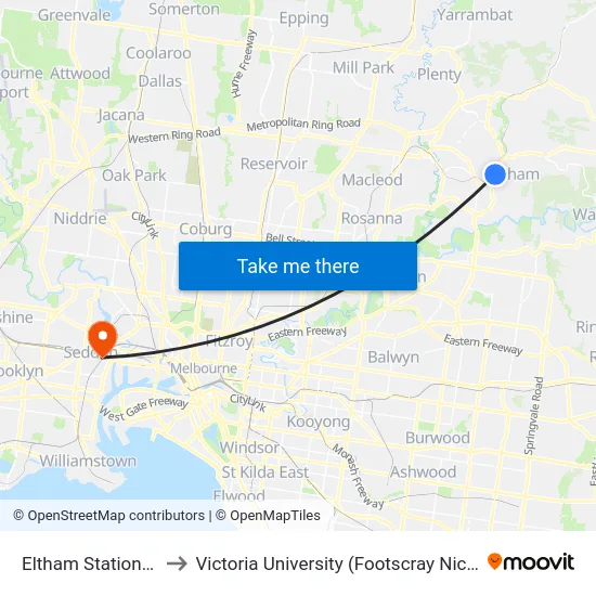Eltham Station/Main Rd to Victoria University (Footscray Nicholson Campus) map