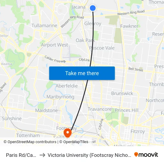 Paris Rd/Camp Rd to Victoria University (Footscray Nicholson Campus) map