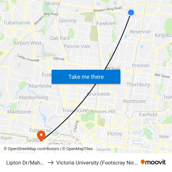 Lipton Dr/Mahoneys Rd to Victoria University (Footscray Nicholson Campus) map
