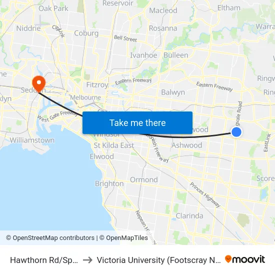 Hawthorn Rd/Springvale Rd to Victoria University (Footscray Nicholson Campus) map