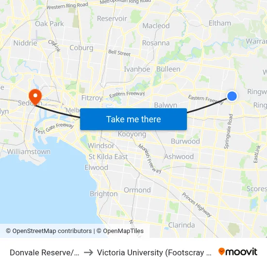 Donvale Reserve/Mitcham Rd to Victoria University (Footscray Nicholson Campus) map